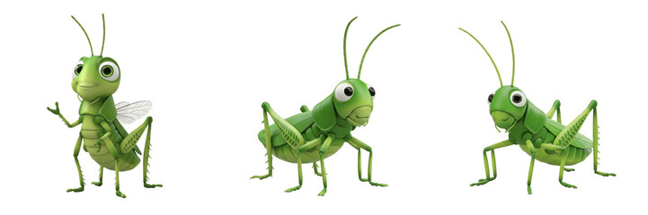 Fototapeta premium cartoon grasshopper, cute green insect mascot, 3d render garden bug, isolated on white background, jumping cricket, forest animal clipart, nature character, png