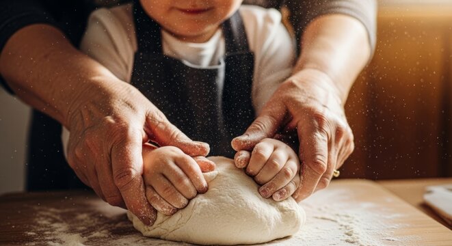 Older woman and child hands kneading dough together on a wooden table, concept of family baking and learning for Easter bread