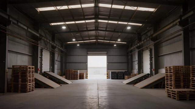 The camera smoothly enters the expansive cargo hold with open rear doors, its neutral warehouse lighting brightly illuminating vast cargo storage and handling areas