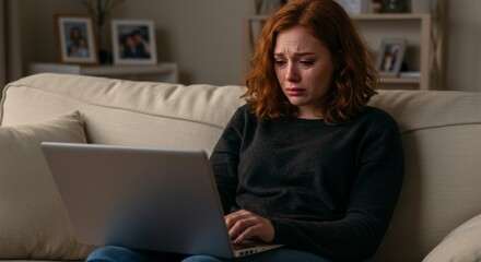 Sad woman crying while using laptop at home