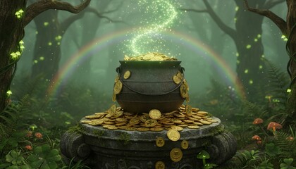 Magic pot of gold in forest with rainbow