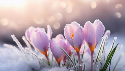Różowe krokusy, piękne wiosenne kwiaty w śniegu. Kwiatowe tło