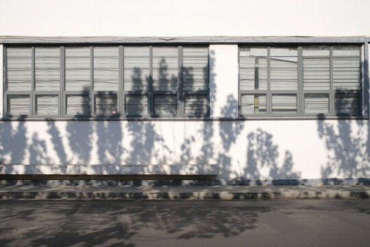 Windows on a building cast shadows on a sidewalk 