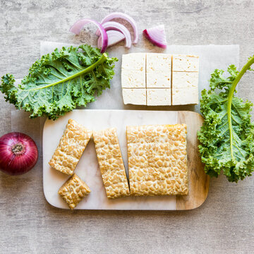 Raw tofu and vegan soy tempeh foods