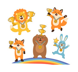 Obraz premium Cute lion, fox, bear, and bunny characters showing achievement and triumph, standing on a colorful arc