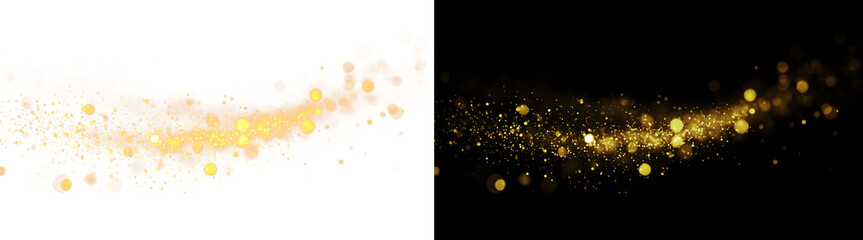 Golden bokeh wave abstract background, sparkling magic dust trail, festive glowing lights and shiny particles on black © Viktoriia