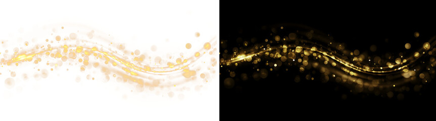 Golden bokeh wave abstract background, sparkling magic dust trail, festive glowing lights and shiny particles on black © Viktoriia