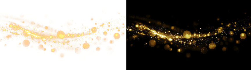 Golden bokeh wave abstract background, sparkling magic dust trail, festive glowing lights and shiny particles on black © Viktoriia