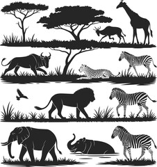 Wild animal silhouette collection, elephant lion giraffe bear moose deer tiger vector set, safari wildlife icons for graphic design. © Safiqul