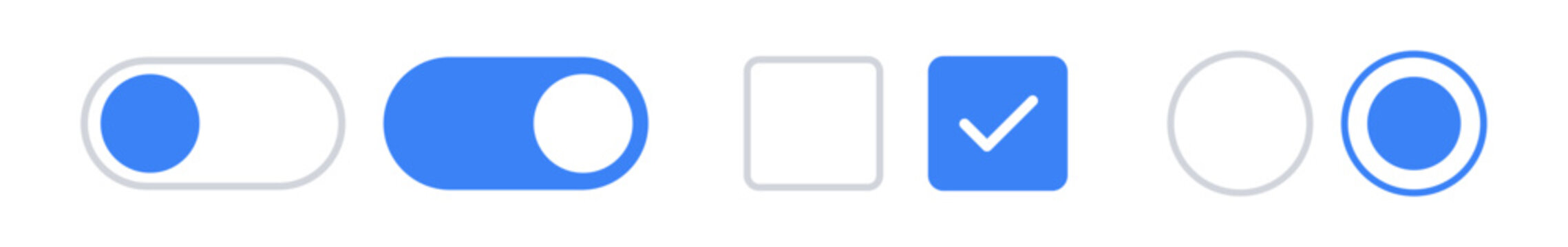 Toggle switch, checkbox and radio button UI control icon set with on and off states. Enable disable, mark unmark interface elements for dashboard forms and web app settings.