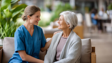 Caregiver attentively sitting with a senior woman in a nursing home lounge, professional elder care, retirement home caregiver, senior resident support, nursing home daily care,