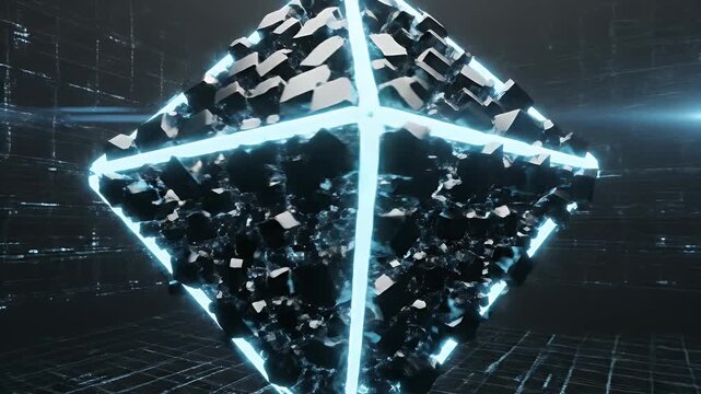 Abstract composition of floating dark cubes and tetrahedrons with neon blue light beams