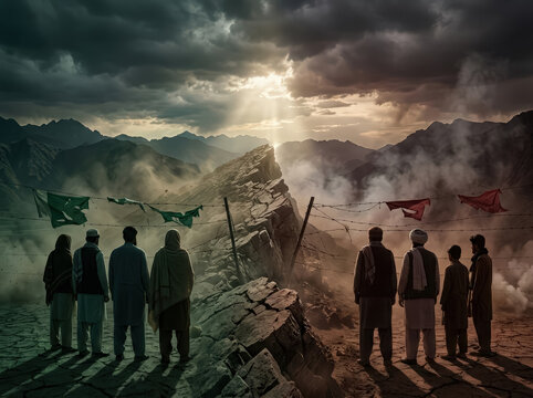Pakistan-Afghanistan border conflict - A group of people in traditional dress stand in front of a mountain ridge divided by barbed wire under a dramatic, overcast sun.