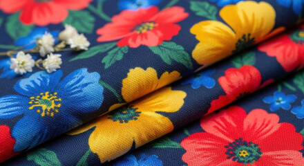 Colorful floral patterned fabric with blue, red, and yellow flowers  