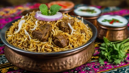 Savory spiced rice dish with meat and yogurt accompaniments served in traditional metalware