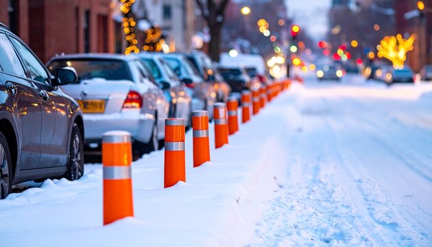 Snow covered urban street lined with bright orange traffic bollards and parallel parked cars during winter evening twilight
