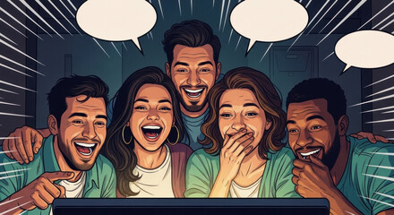 Group of friends laughing and watching movie on television at night  
