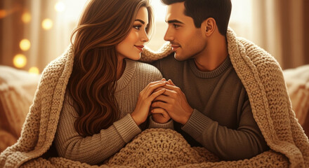Couple holding hands while sitting under a cozy blanket indoors  