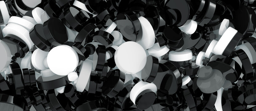 High contrast 3D render of scattered black and white tablet shapes forming an abstract dynamic background with glossy surfaces and modern minimal aesthetic.  