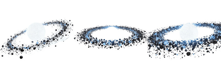 Set and collection white glowing planet with cosmic dust orbital ring debris isolated on white transparent png background