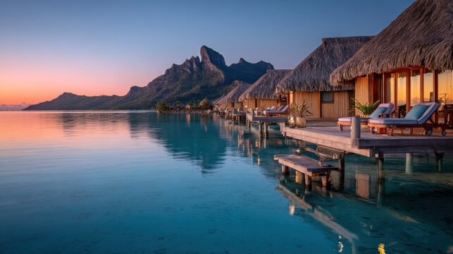 Overwater bungalows at sunset