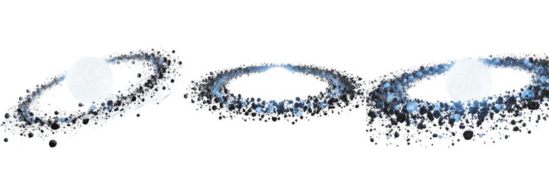 Set and collection white glowing planet with cosmic dust orbital ring debris isolated on white transparent png background