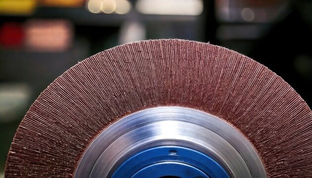 Close-up of a brown abrasive polishing wheel with metallic hub in an industrial setting