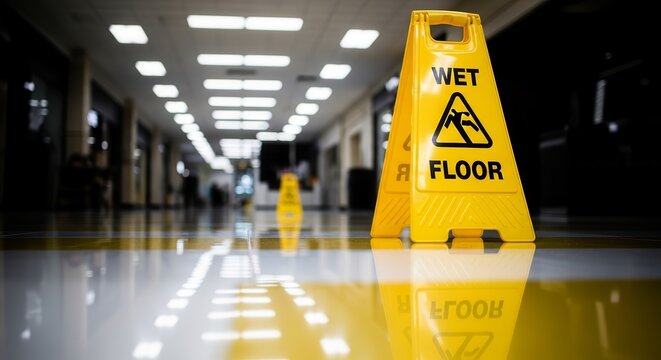 Warning Sign on A Reflective Floor Indicates A Slippery Surface Within A Commercial Space