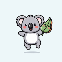 Obraz premium Cute Koala Cartoon Character Holding Leaf with Happy Expression.