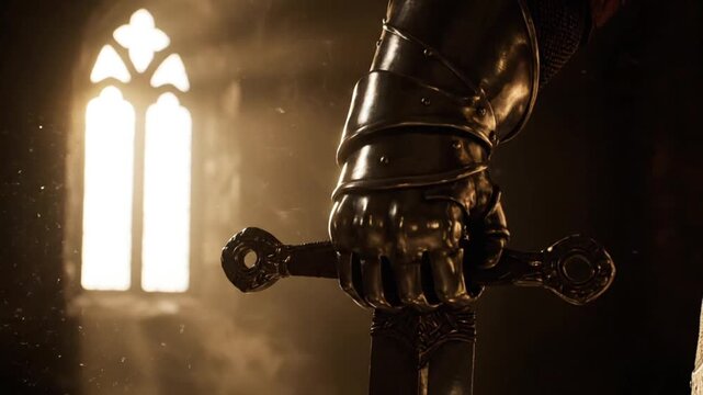 Armored Knight Gripping Sword in Dim Cathedral Setting