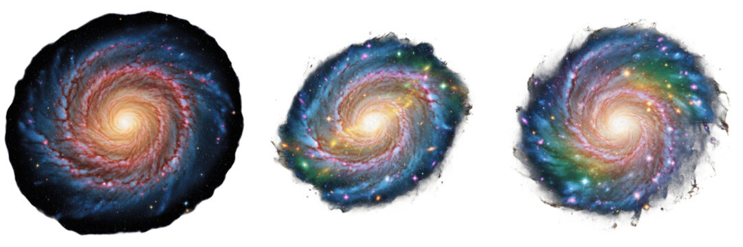 Set and collection spiral galaxy nebula cosmic star cluster deep space universe isolated on white transparent png background