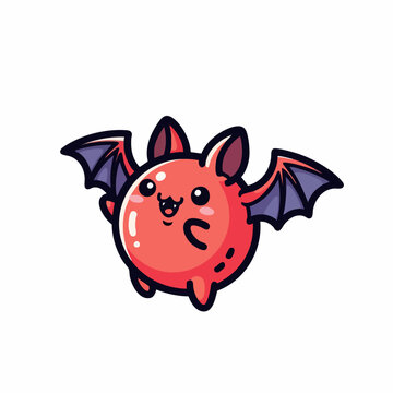 Cute chubby red bat character flying with a happy smile.