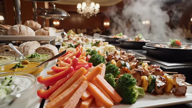 Buffet display with assorted dips vegetables and breads on a serving table