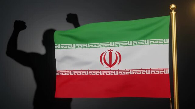 Iranian flag waves proudly on golden pole, shadowed figure with raised fists behind, symbolizing patriotism, empowerment, resilience, and national identity in a powerful visual statement.