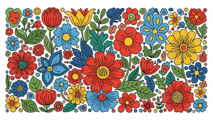 Colorful Floral Pattern with Hand-Drawn Flowers and Leaves.
