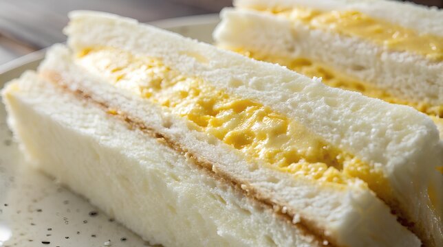 Photorealistic macro tamago sando texture with egg layers and white bread crumb, side light focus band, editorial vignette
