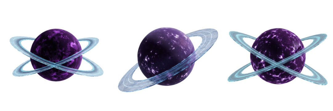 Set and collection mysterious purple planets with glowing icy rings and cosmic atmosphere isolated on white transparent png background