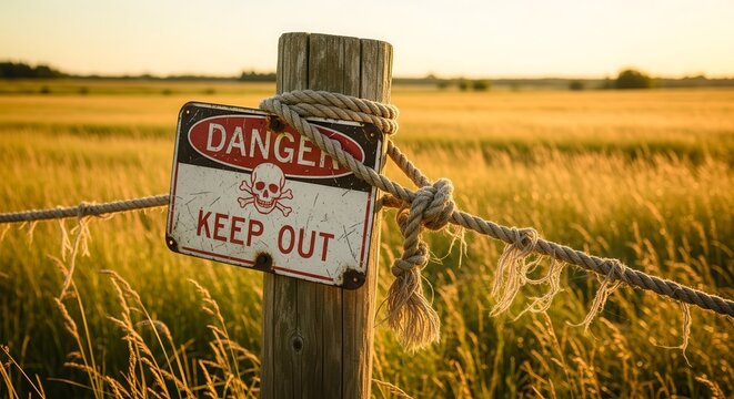 Warning Sign on Rural Fenceline Illustrates Forbidden Access with a Golden Sunrise