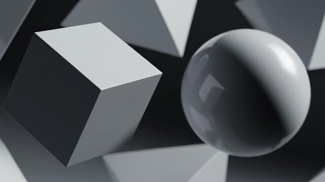Abstract 3D geometric shapes, a cube and a sphere, floating in a minimalist environment