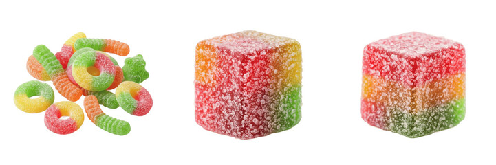 Set of Assorted Sour Gummy Candies including Sugar-Coated Cubes, Worms, and Rings Isolated on Transparent Background