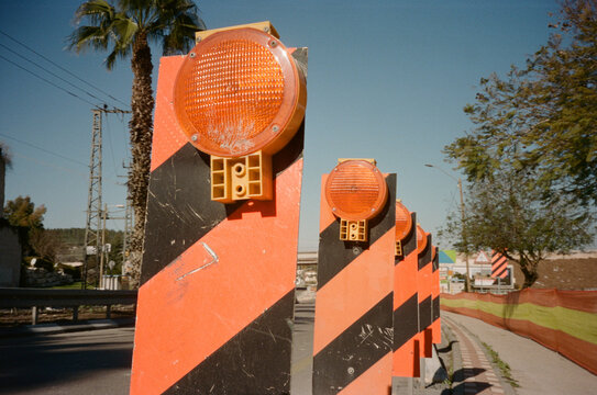 Traffic Barriers Marking a Construction Site in the Sunny Afternoon