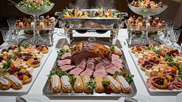 Buffet table display featuring various food items and serving utensils