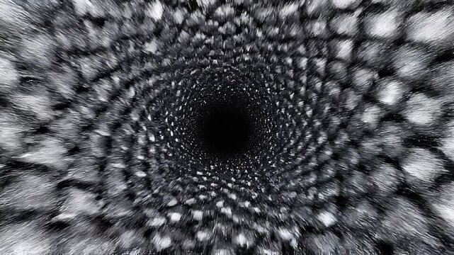 Hypnotic spiral vortex of pebble-like shapes swirling into a central void, evoking infinity, transformation, cosmic energy, black hole physics, and dynamic artistic abstraction.