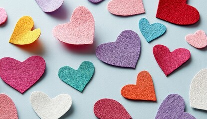 Obraz premium Colorful Felt Hearts Scattered on Light Blue Background, Valentines Day Theme.