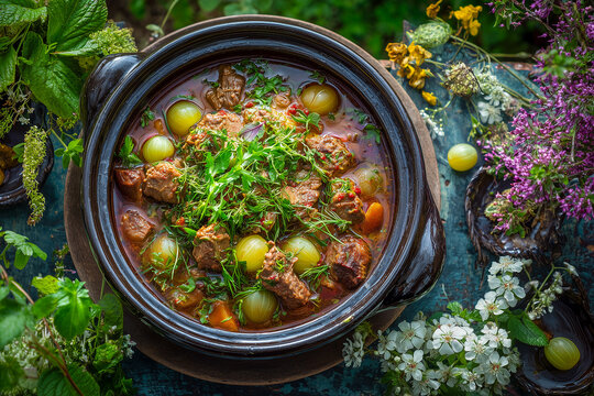  top view of spring lamb stew chakapuli with tarragon and green plums in georgian garden setting