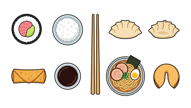 Asian Food Collection Illustration with Sushi, Ramen, Dumplings, Spring Roll, Rice, Soy Sauce, Chopsticks, Fortune Cookie