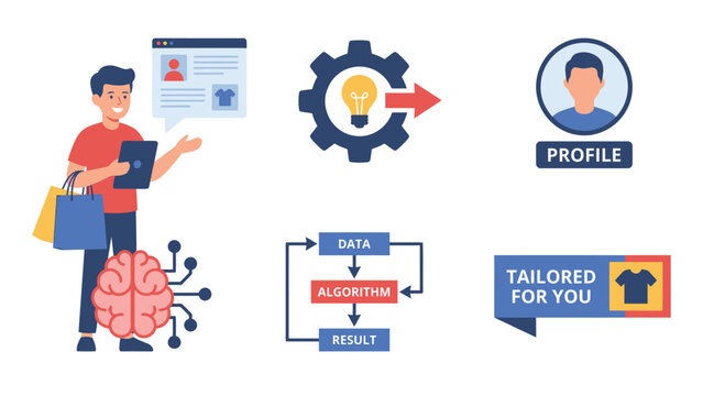 E-commerce Personalization Icons with AI, Data, Algorithms, Customer Profile & Tailored Recommendations