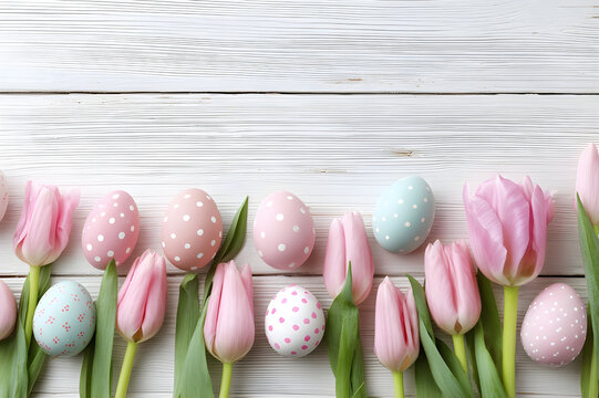 easter eggs and tulips on wooden background