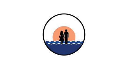 Couple Silhouette in Water with Sunset Orange Glow in Simple Flat Design for Logo or Icon