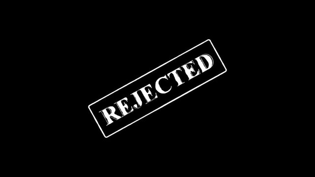 REJECTED stamp imprint animation on transparent background, business denial approval process, stamping motion leaving bold rejected mark.